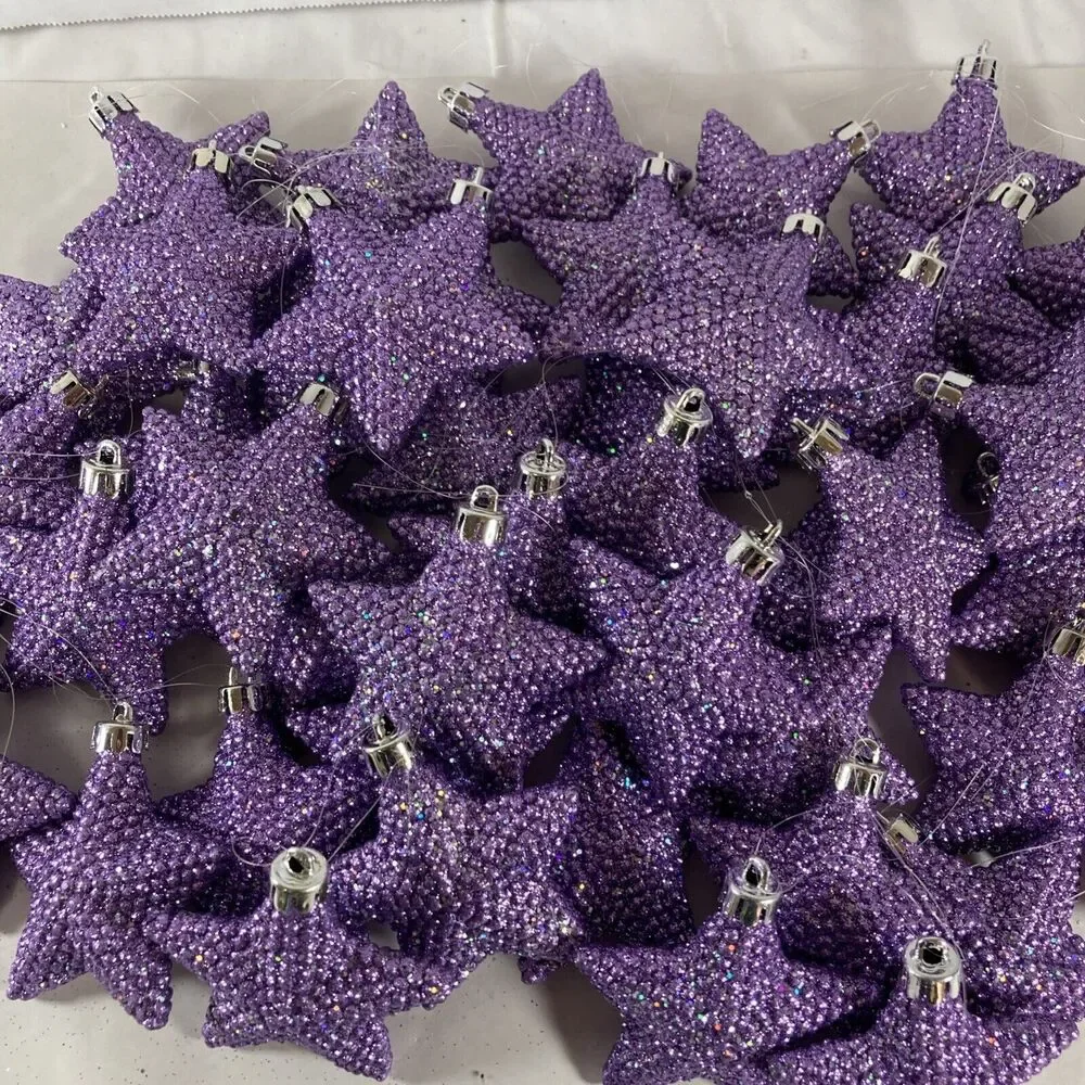 Purple Glitter Christmas Ornaments Stars Holiday Decor Lot Of 48 Vintage Violet